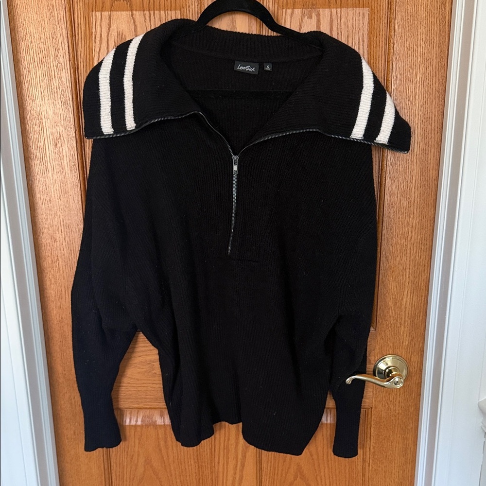 Black Cropped Fitted Striped Collar Quarter Zip Sweater